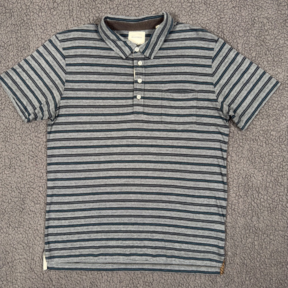 Billy Reid Polo Shirt Mens Large Grey Blue Striped Short Sleeve Chest Pocket L